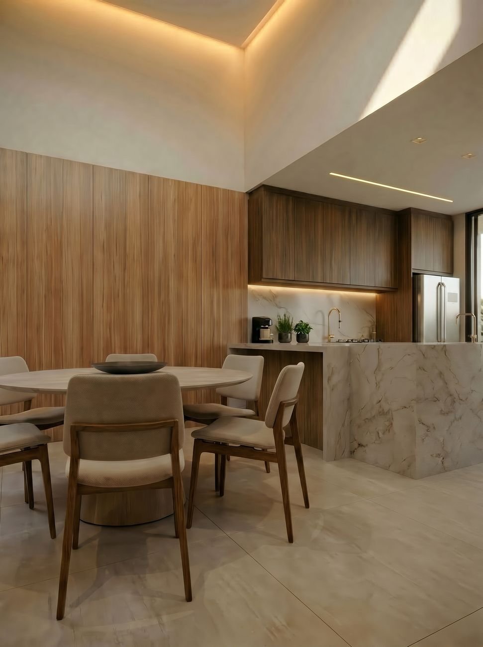 Render da cozinha integrada à sala de jantar da Casa Aroeira