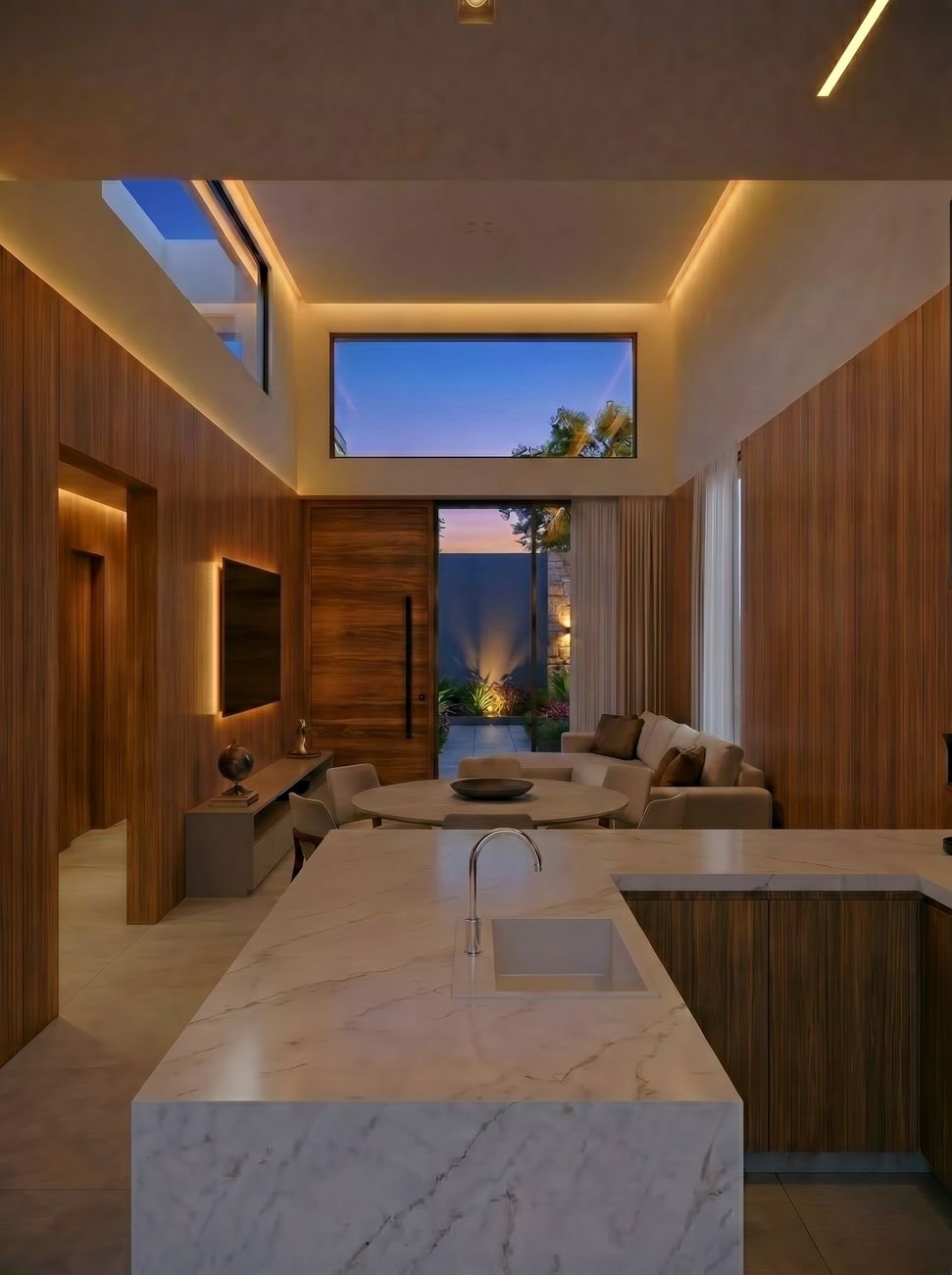 Render da cozinha da Casa Aroeira ao entardecer