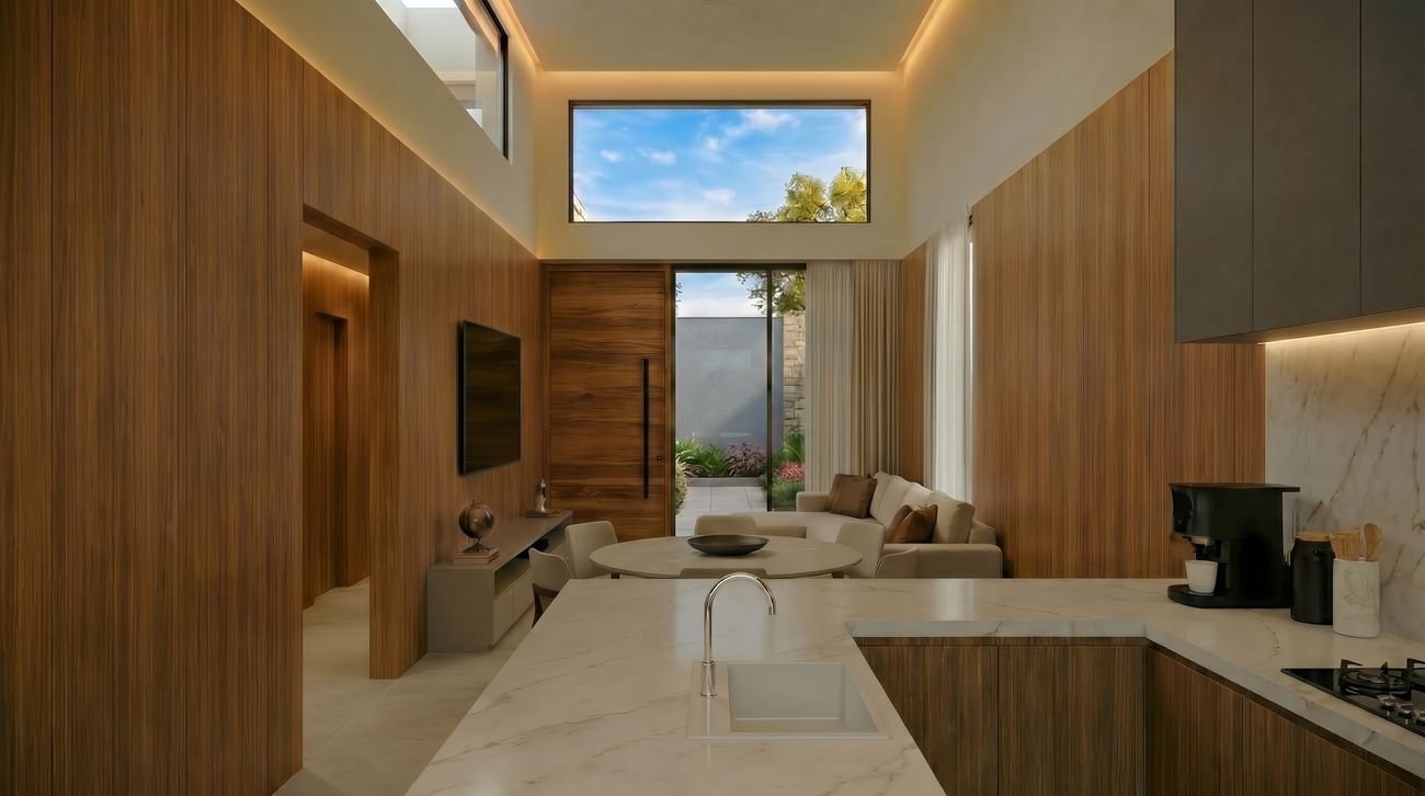 Render da sala de estar integrada à entrada da Casa Aroeira