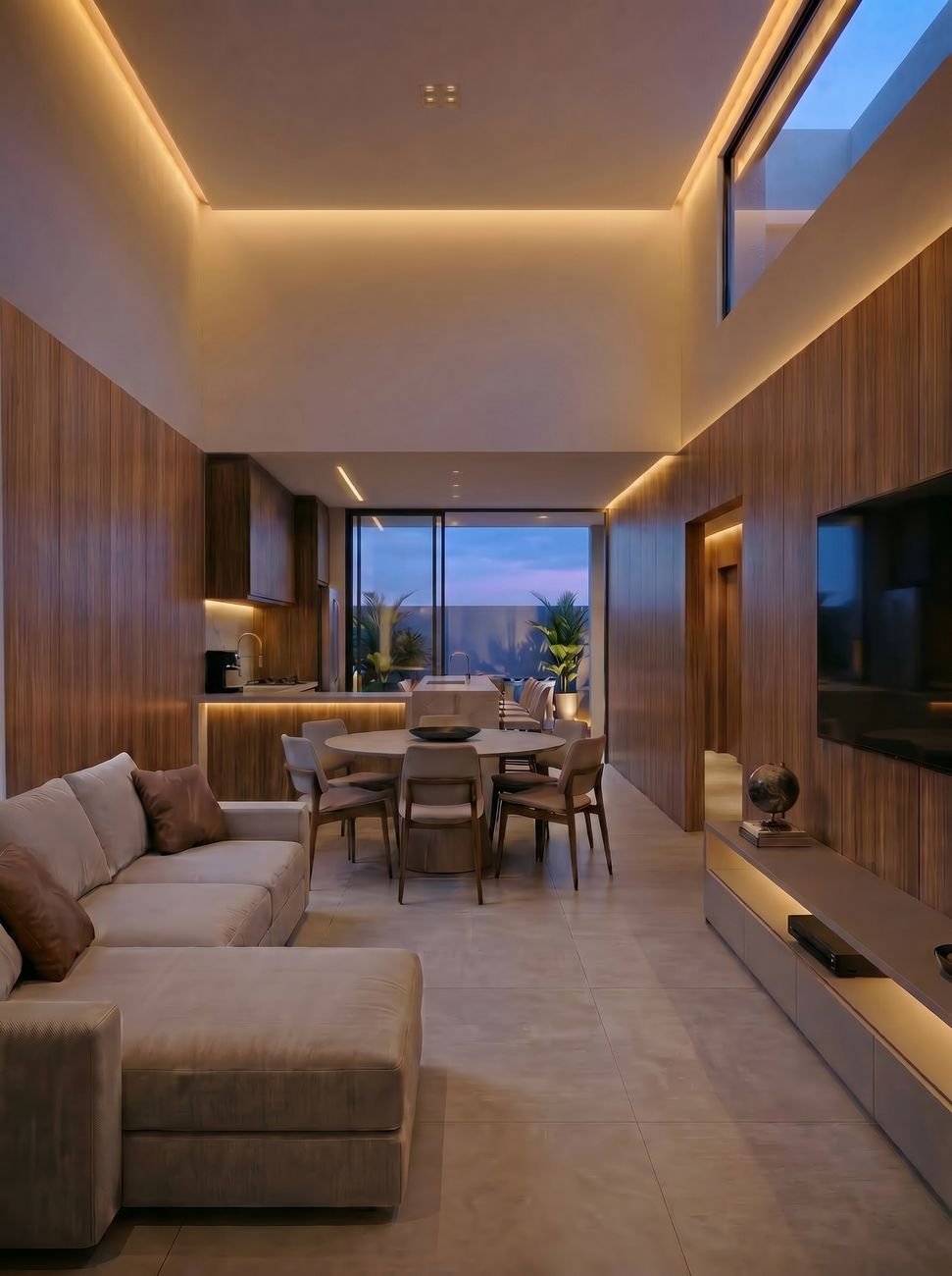 Render da sala de estar da Casa Aroeira ao entardecer