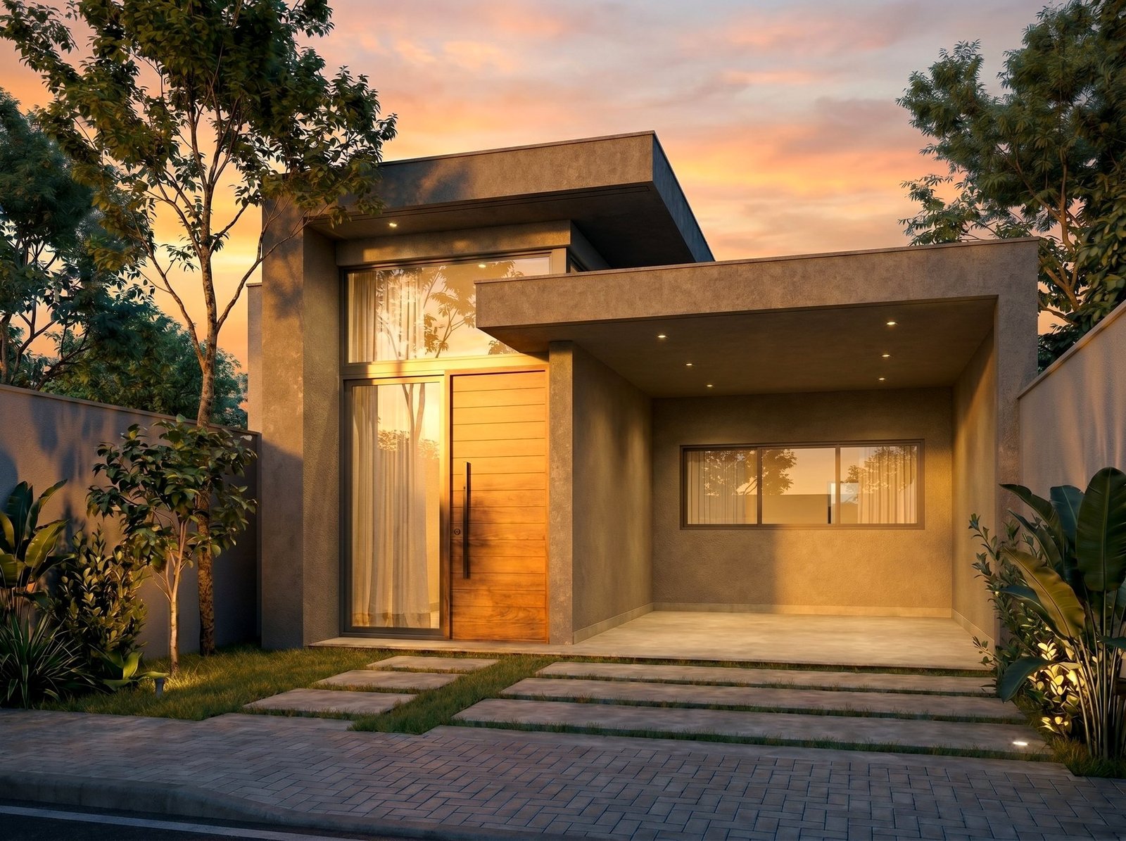 Fachada frontal da Casa Aroeira ao entardecer, com porta pivotante em madeira e garagem coberta